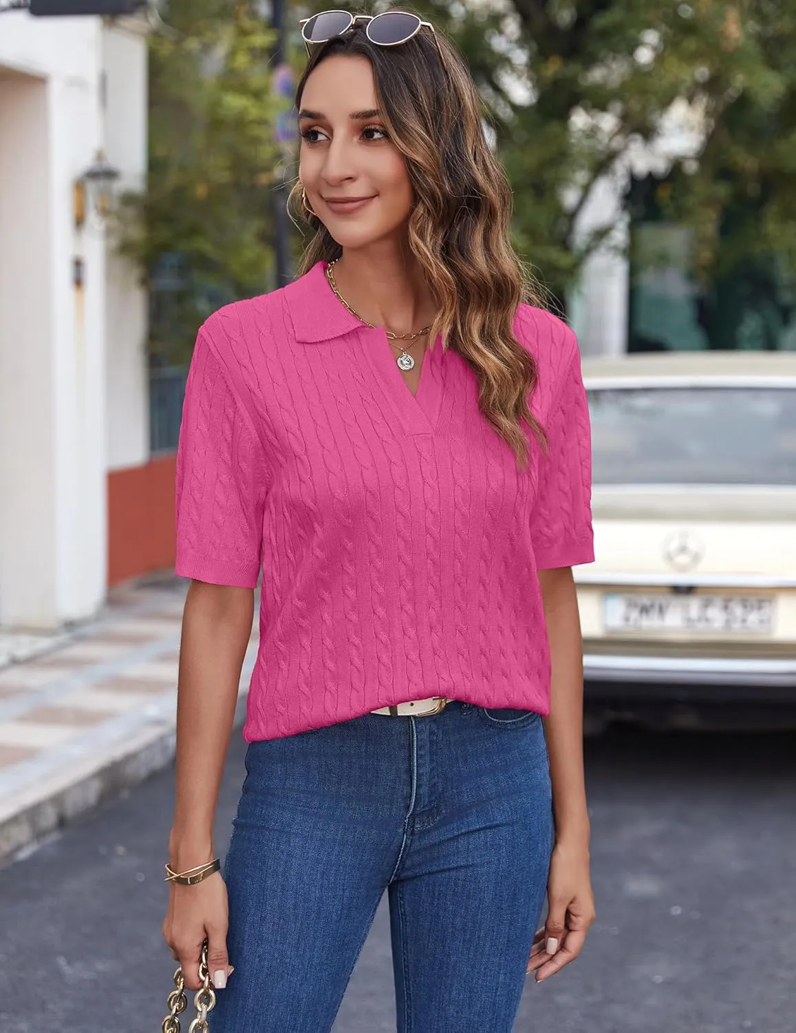 Zeagoo Women Short Sleeve Sweater Pullover Polo Tops V Neck Knit Casual Soft Pullover Shirt