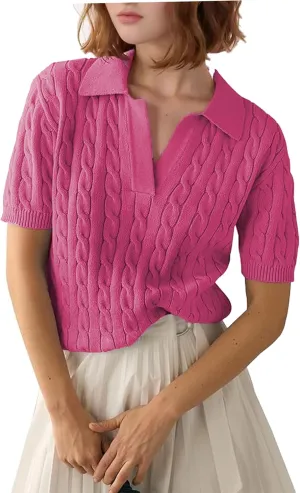 Zeagoo Women Short Sleeve Sweater Pullover Polo Tops V Neck Knit Casual Soft Pullover Shirt