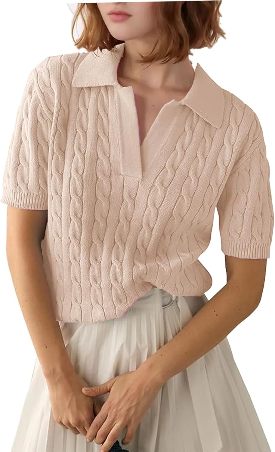 Zeagoo Women Short Sleeve Sweater Pullover Polo Tops V Neck Knit Casual Soft Pullover Shirt