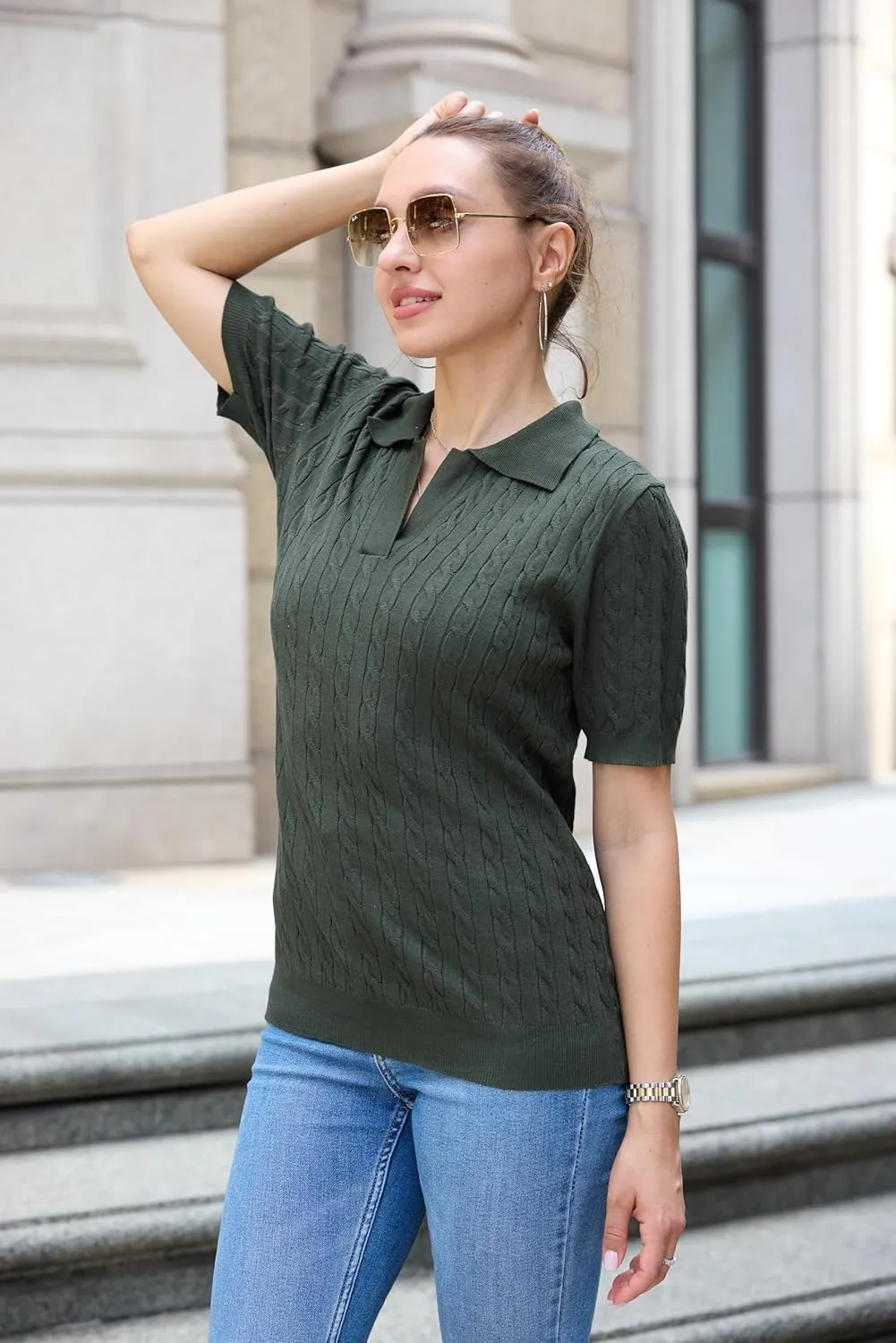 Zeagoo Women Short Sleeve Sweater Pullover Polo Tops V Neck Knit Casual Soft Pullover Shirt