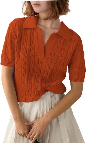 Zeagoo Women Short Sleeve Sweater Pullover Polo Tops V Neck Knit Casual Soft Pullover Shirt