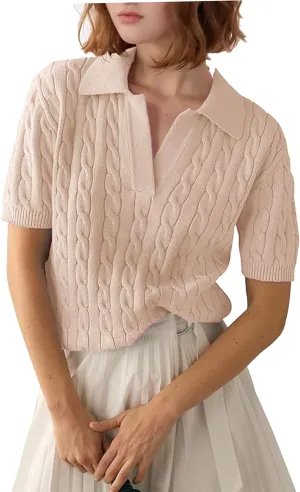 Zeagoo Women Short Sleeve Sweater Pullover Polo Tops V Neck Knit Casual Soft Pullover Shirt