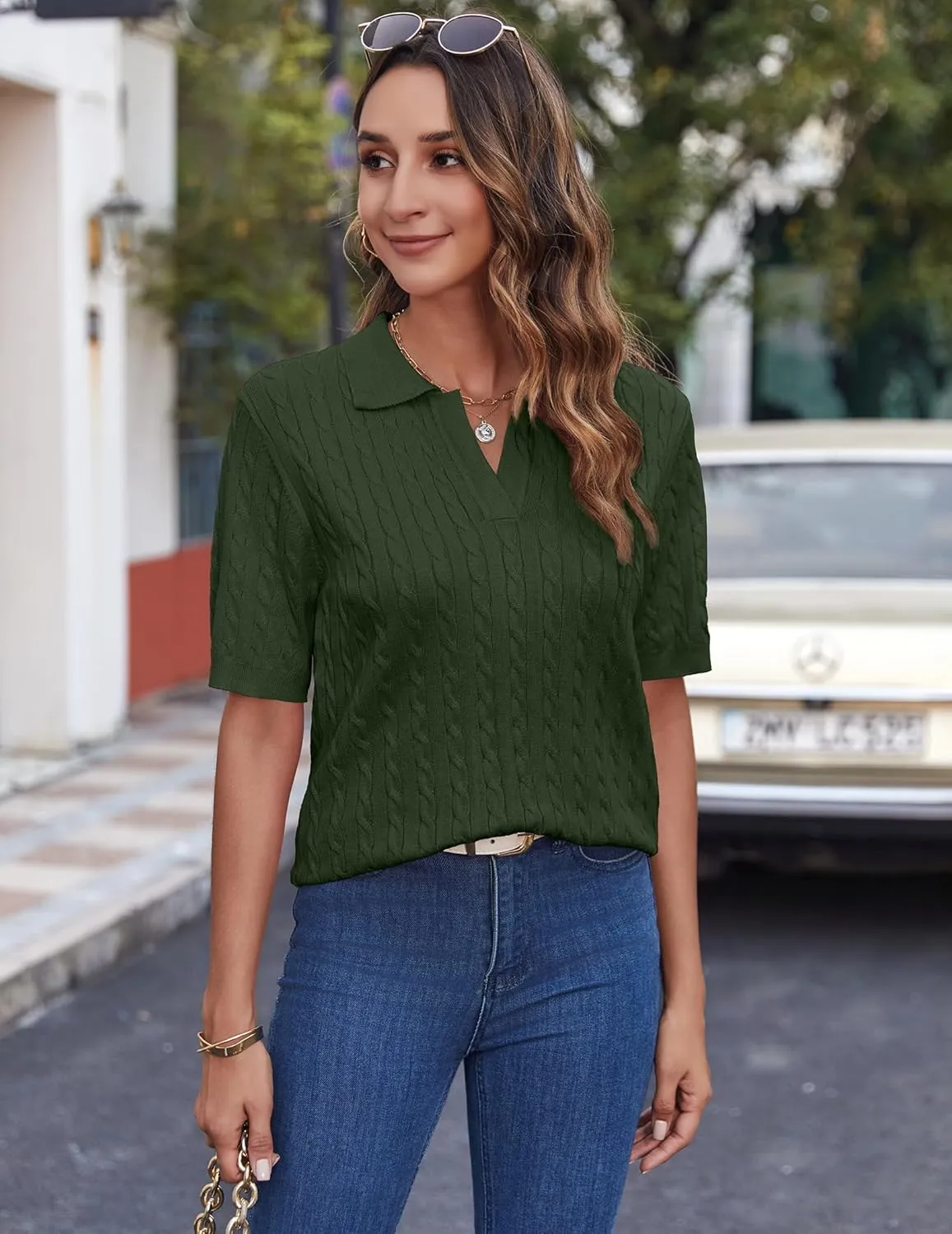 Zeagoo Women Short Sleeve Sweater Pullover Polo Tops V Neck Knit Casual Soft Pullover Shirt