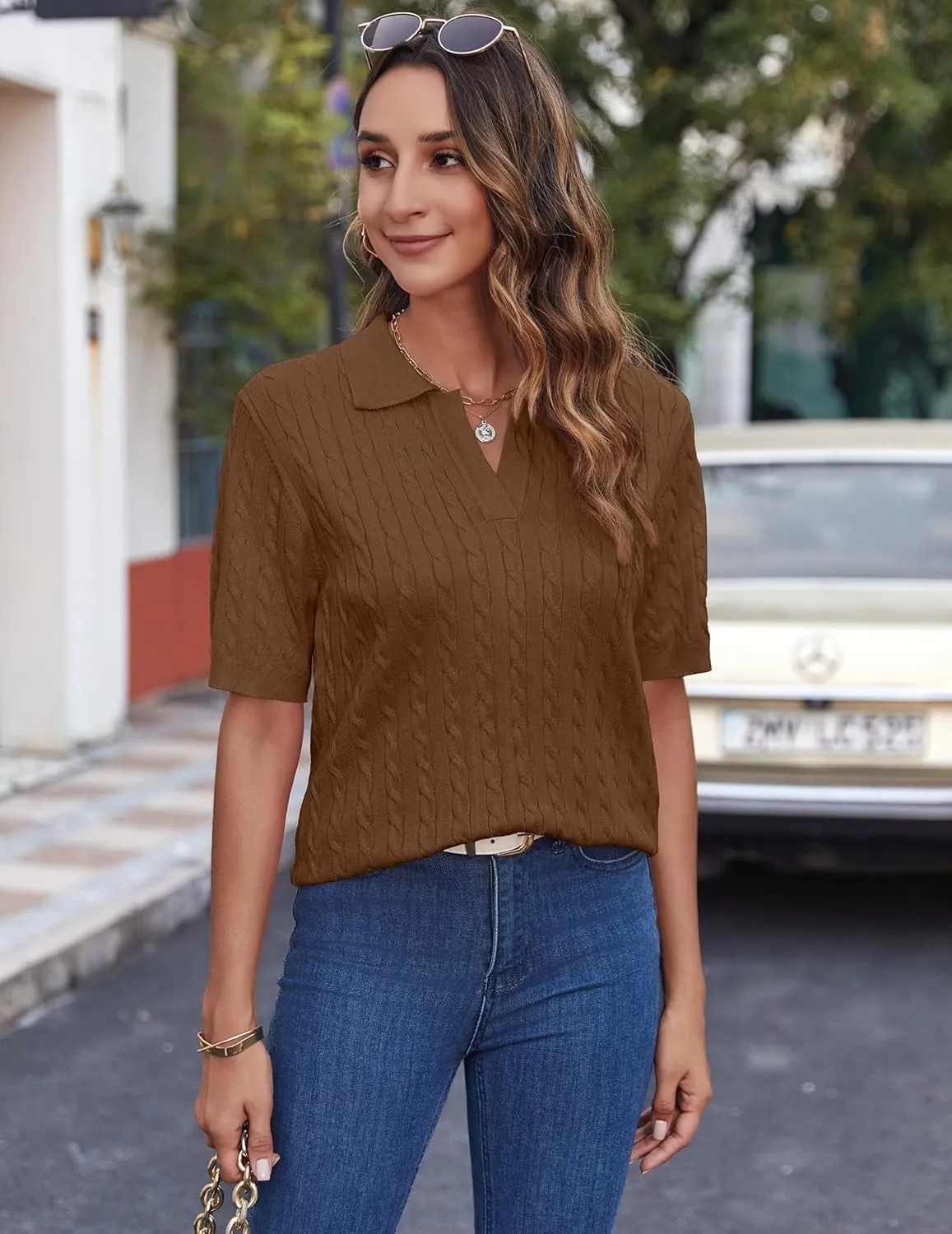 Zeagoo Women Short Sleeve Sweater Pullover Polo Tops V Neck Knit Casual Soft Pullover Shirt