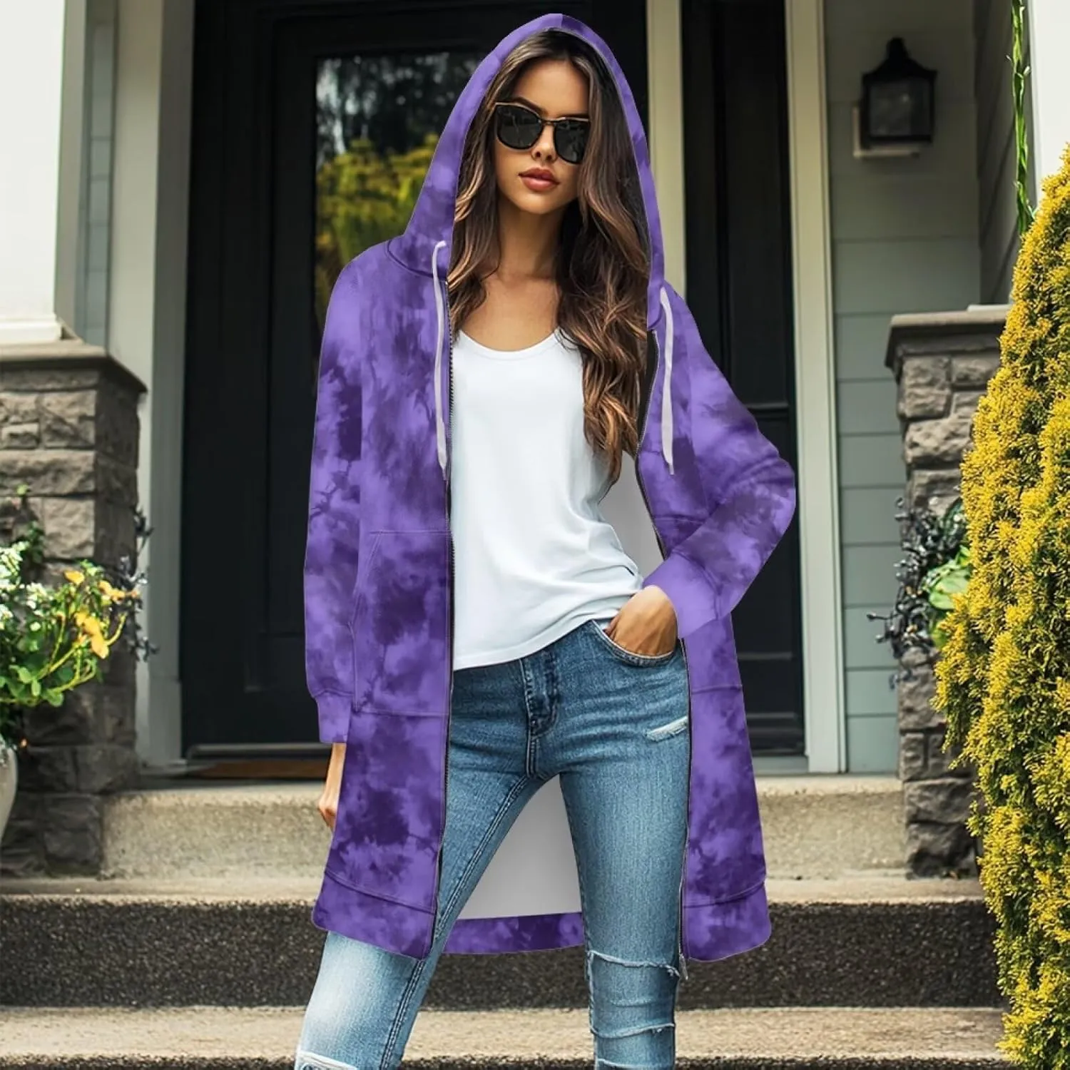Zip Up Hoodies for Women Trendy Tie Dye Hooded Sweatshirts Oversized Long Sleeve Pullover Drawstring Jackets