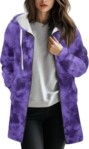 Zip Up Hoodies for Women Trendy Tie Dye Hooded Sweatshirts Oversized Long Sleeve Pullover Drawstring Jackets