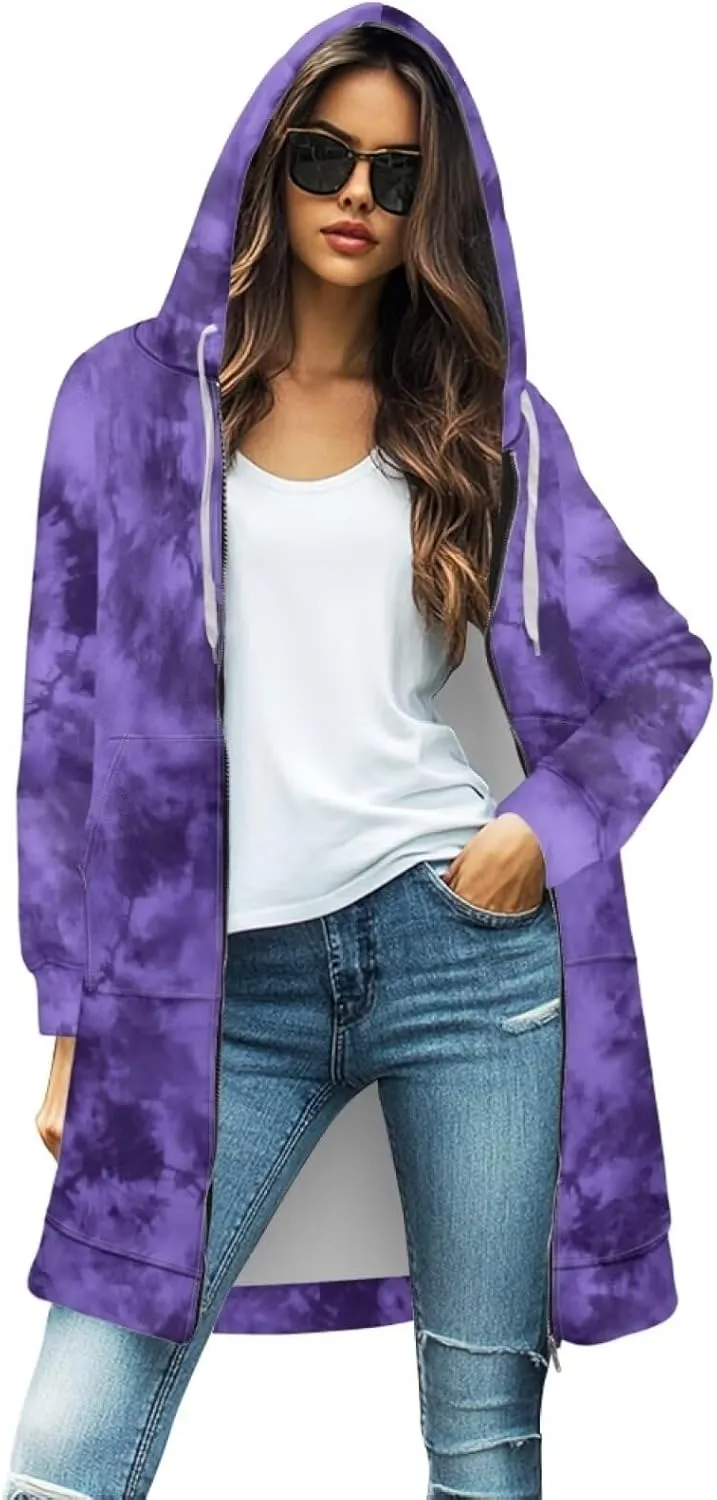 Zip Up Hoodies for Women Trendy Tie Dye Hooded Sweatshirts Oversized Long Sleeve Pullover Drawstring Jackets