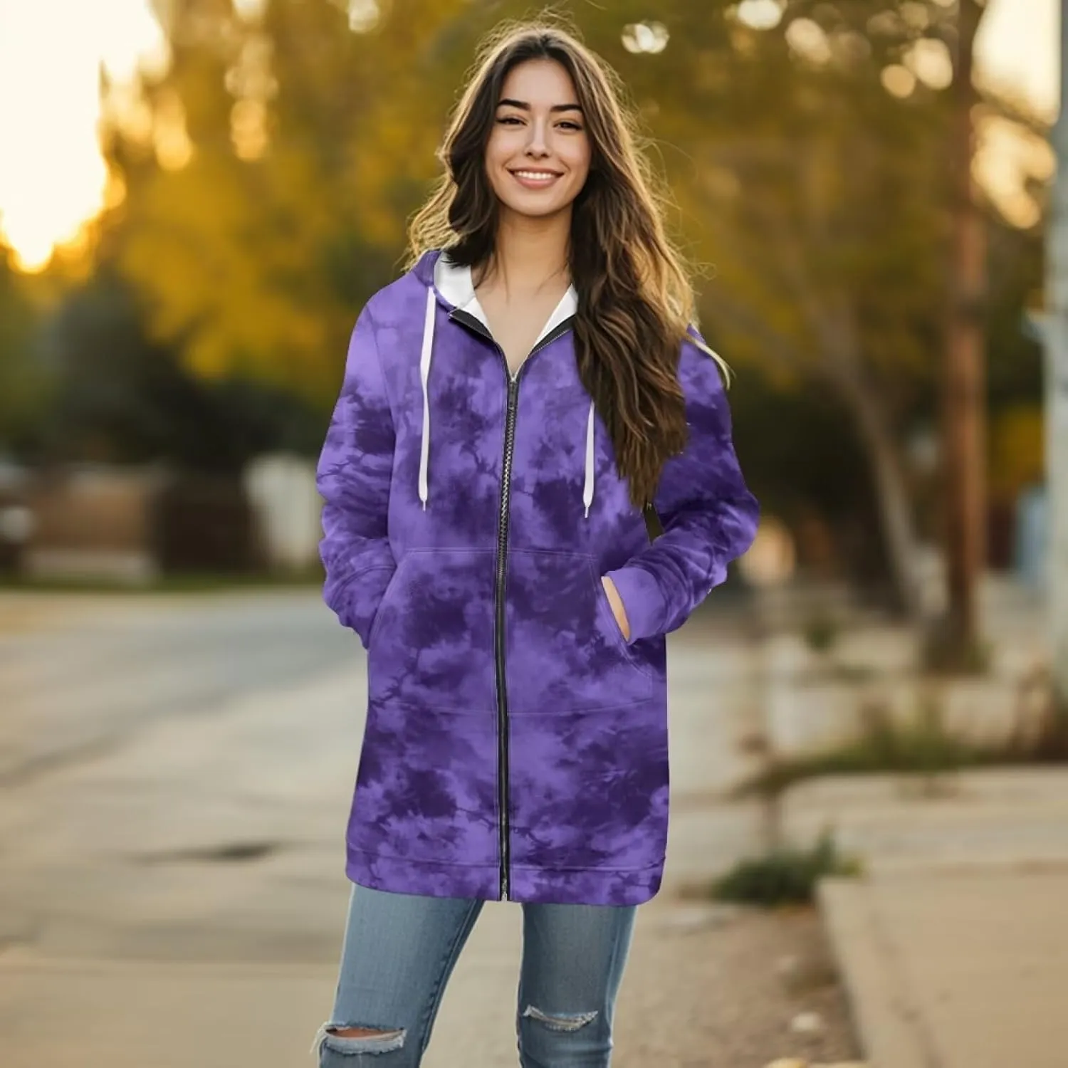 Zip Up Hoodies for Women Trendy Tie Dye Hooded Sweatshirts Oversized Long Sleeve Pullover Drawstring Jackets